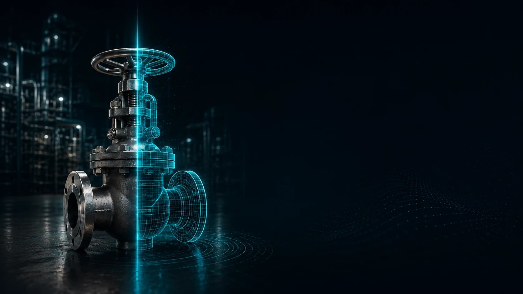 A physical industrial valve transitioning into its verified digital twin