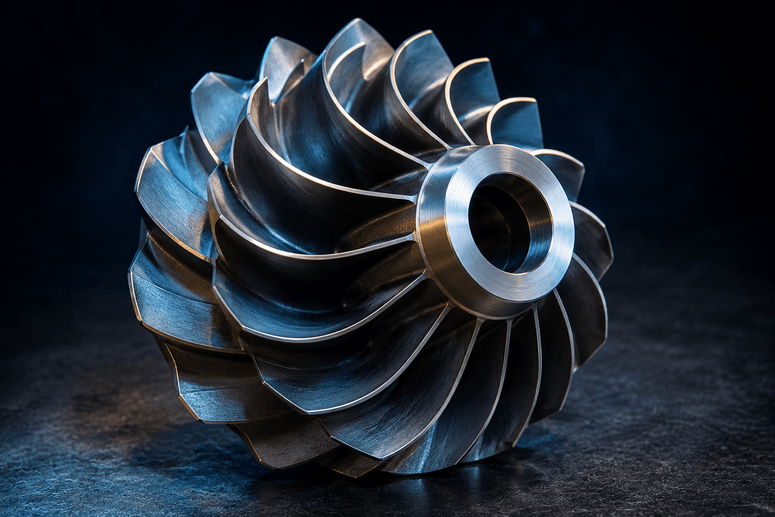 A precision-machined metal cooling pump impeller photographed against a dark background