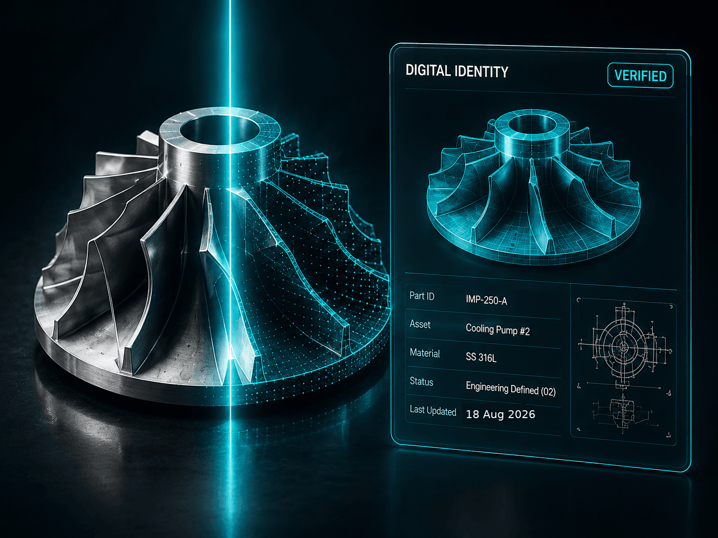 A physical industrial impeller with a digital identity panel showing its part ID, asset, material and engineering status, next to a cyan CAD wireframe of the scanned geometry