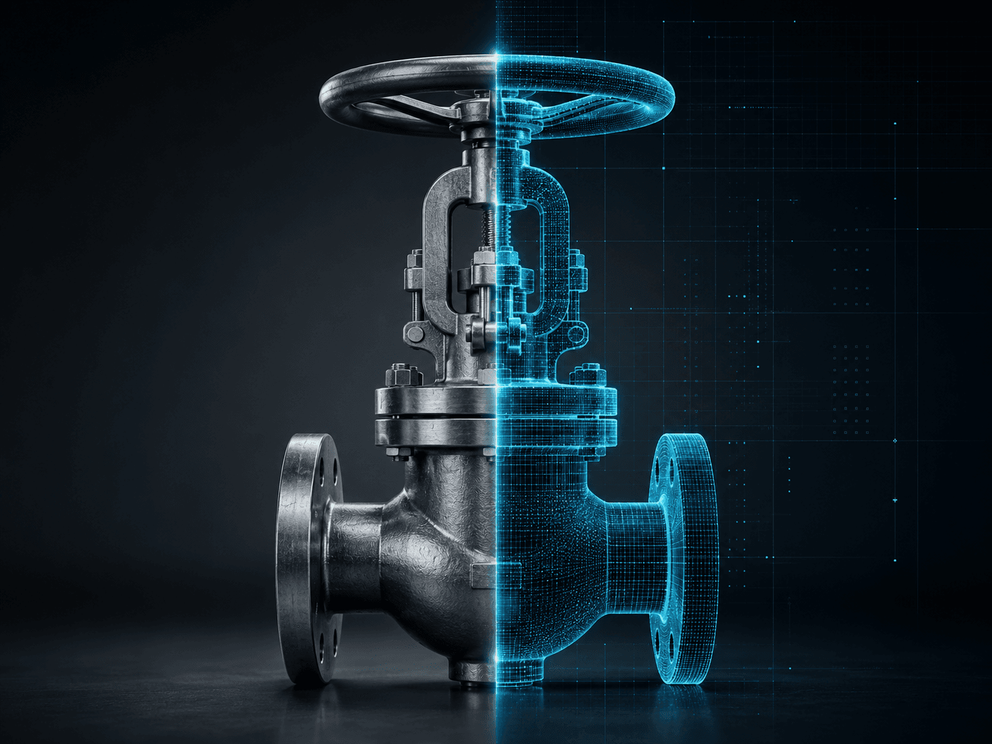 The physical valve transitioning into a cyan CAD wireframe scan of its geometry