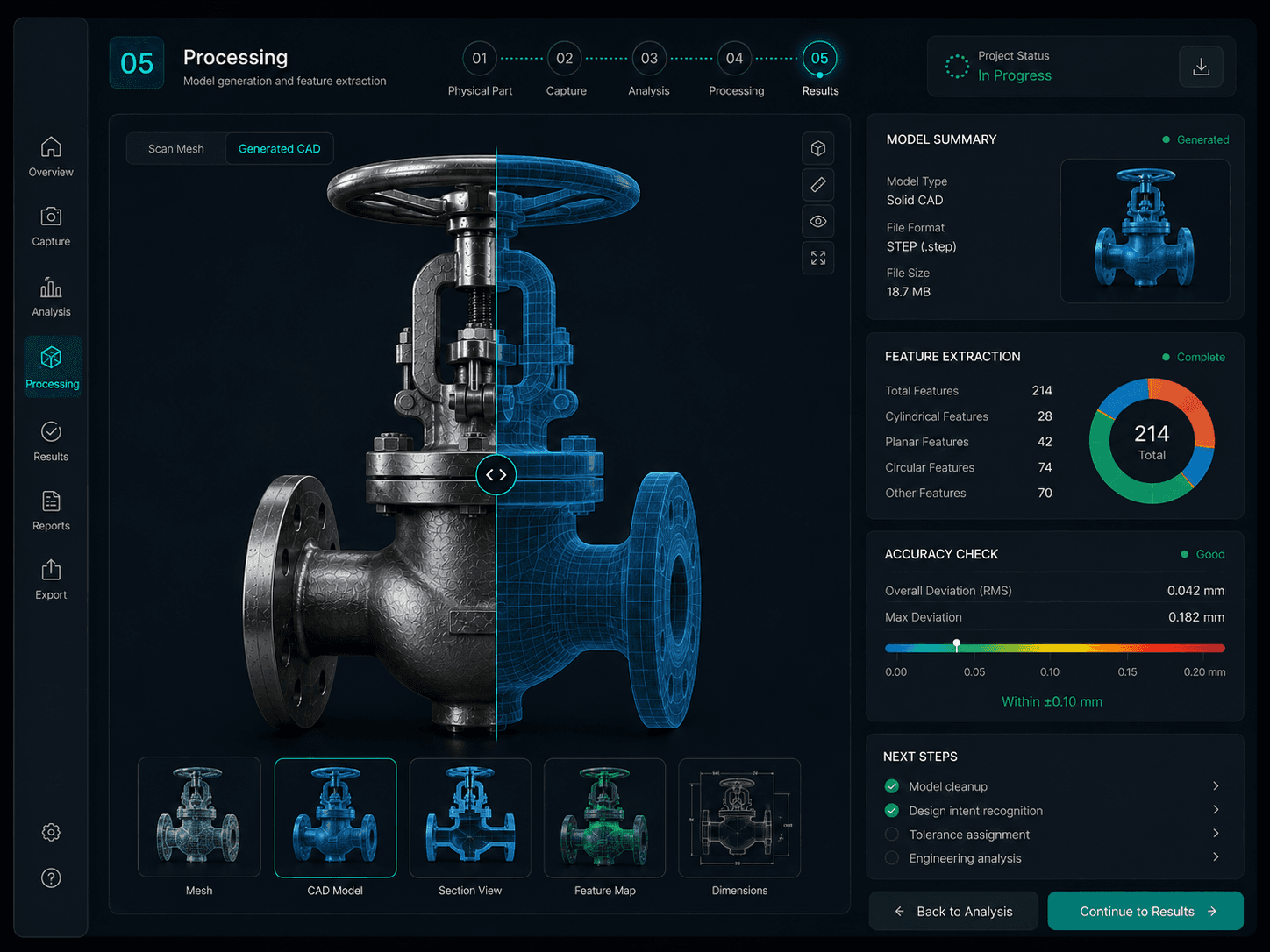 A processing dashboard generating the CAD model with feature extraction and next-step actions