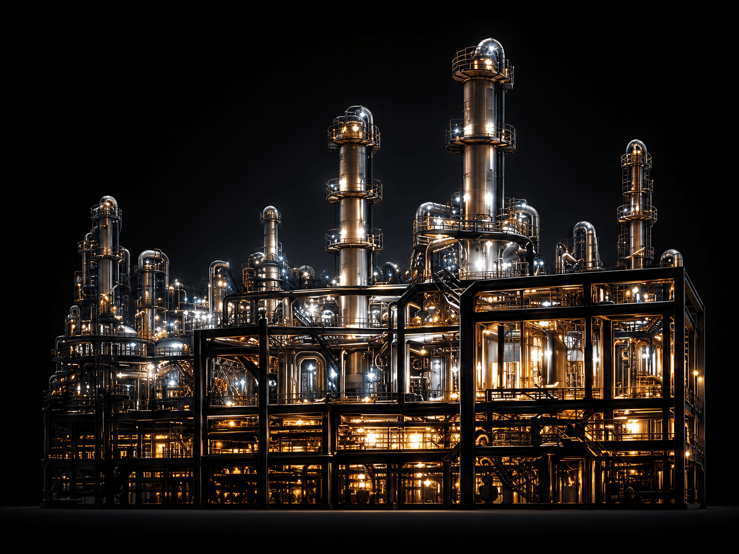 An industrial processing facility with distillation towers lit at night